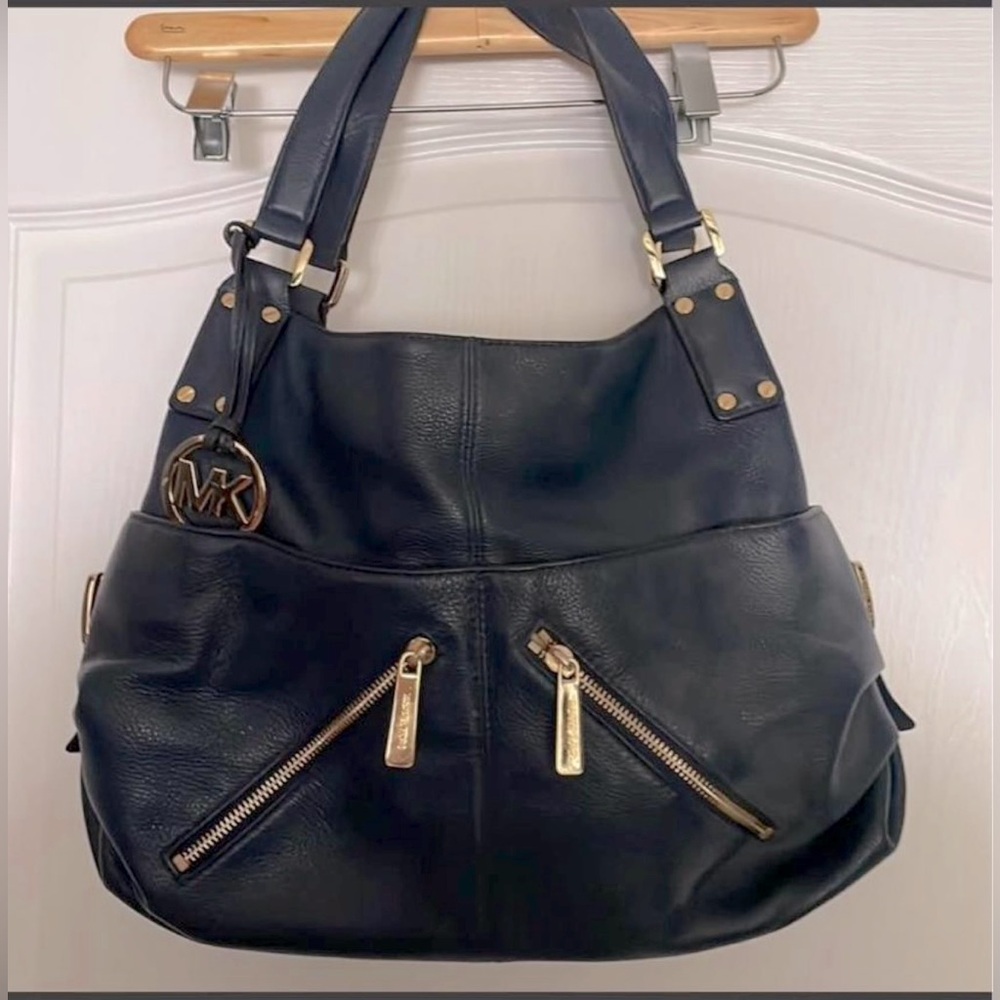 Michael Kors Navy Leather Handbag w Gold Accents
